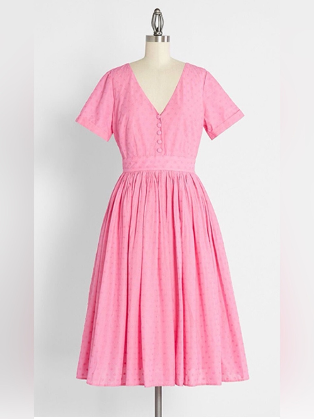 ModCloth fit & Flare Pink Short Sleeve Cotton V-Neck Midi Dress Swiss Dot 10
